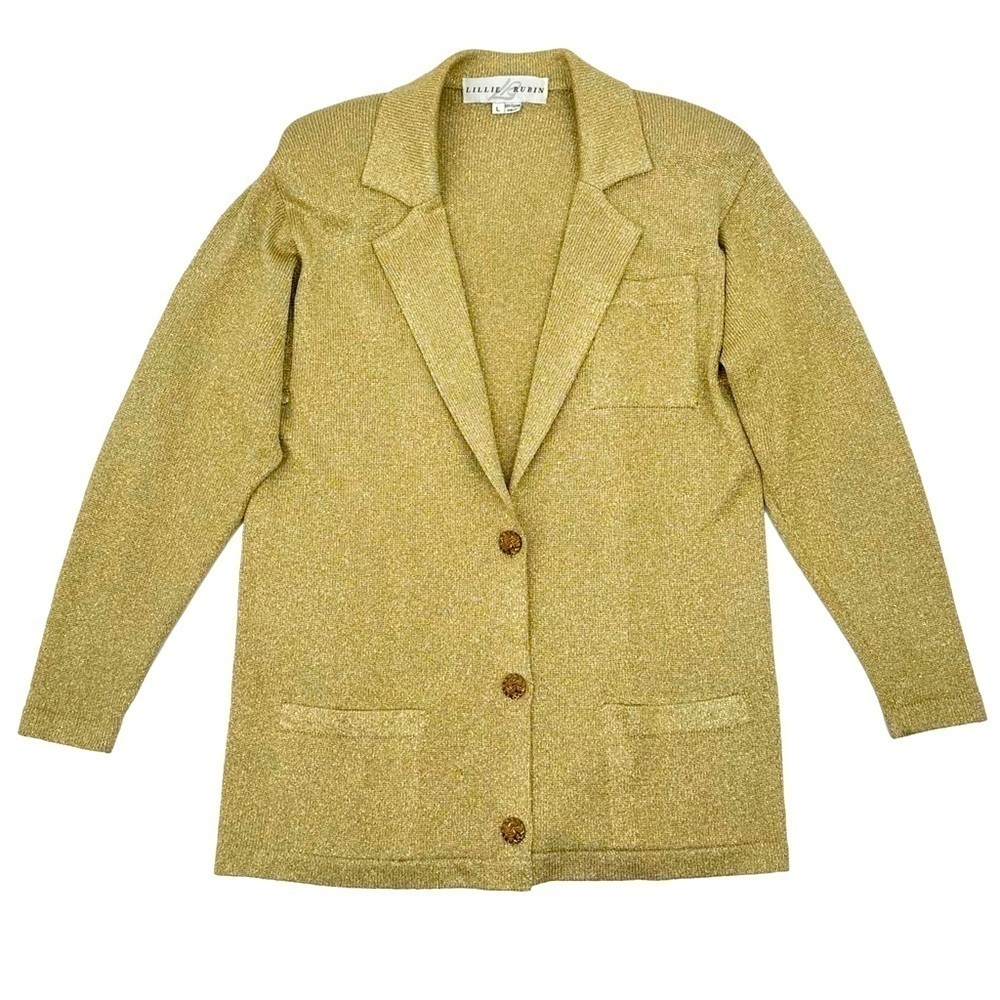 Lillie Rubin Vintage 80s Knit Sweater Blazer Glittery Gold Size Large‎